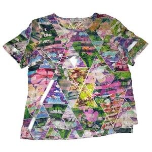 Amanda Upchard Blouse 100% Silk Women’s Medium Colorful Print Short Sleeve